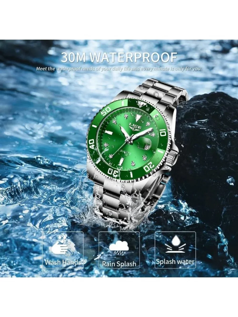 Men's Silver Green Quartz Analog Stainless Steel Waterproof Date Wrist Watch